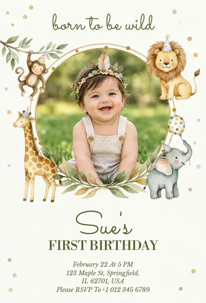 Jungle Safari First Birthday Invitation Template