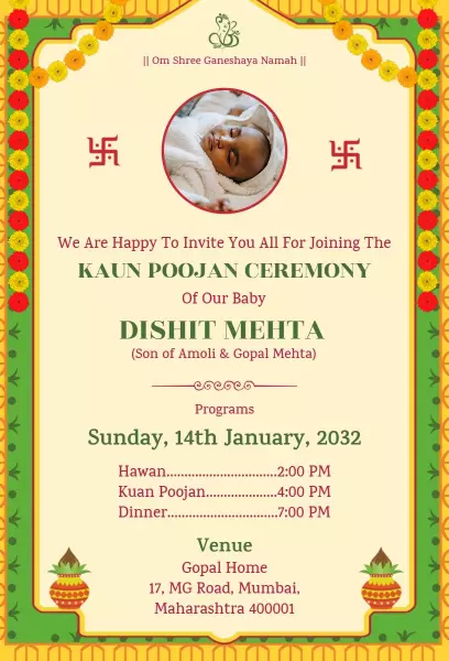 Kaun Poojan Ceremony Celebration Baby Dishit Invitation Template