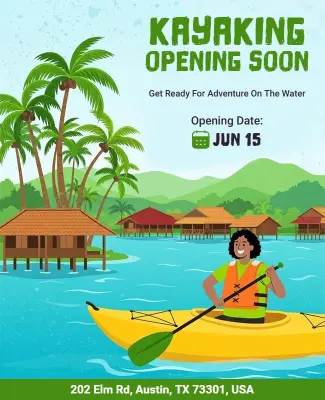 Kayaking Adventure Opening Soon Announcement Flyer Template