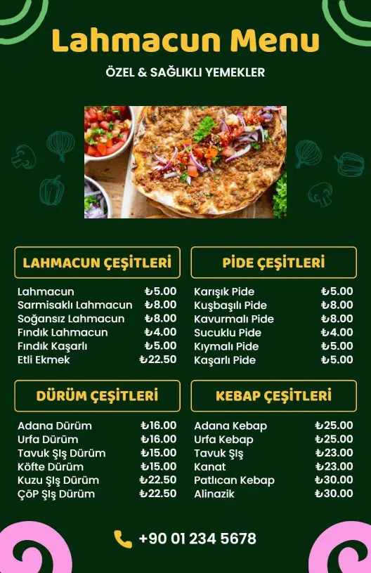 Kebaplar Ve Türk Lezzetleri İçeren Nefis Lahmacun Menü Şablonu