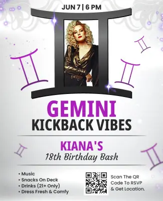 Kickback Vibes Gemini 18th Birthday Celebration Flyer Template