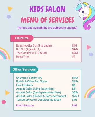 Kids Salon Unicorn Theme Services Flyer Template