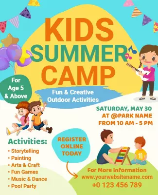 Colorful Fun Kids Summer Camp Outdoor Activities Flyer Template