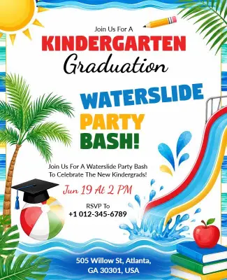 Kindergarten Graduation Waterslide Party Bash Flyer Template