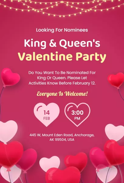 King and Queen Valentine's Day Nomination Party Invitation Template
