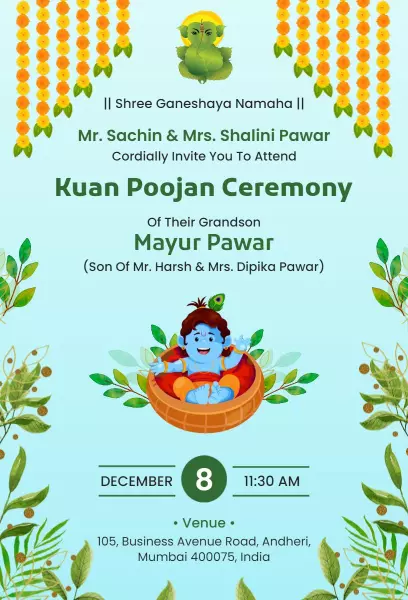 Kuan Poojan Ceremony Grandson Celebration Invitation Template