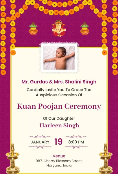 Kuan Poojan Ceremony Traditional Family Celebration Invitation Template