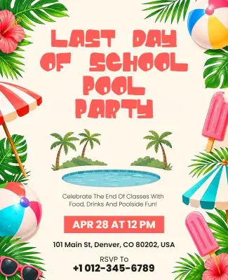 Last Day of School Pool Party Celebration Flyer Template
