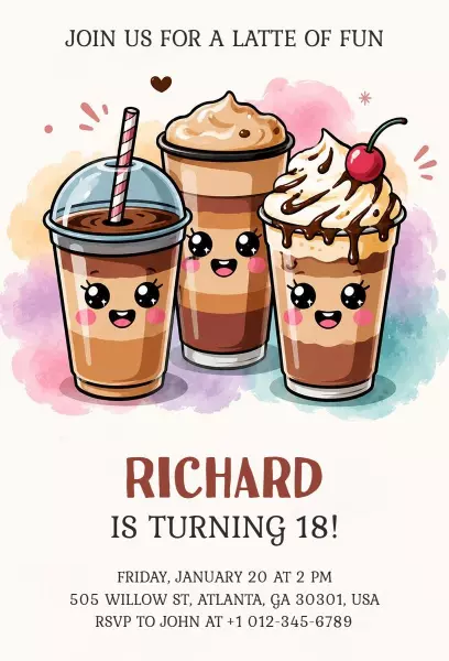 Latte Themed Fun 18th Birthday Celebration Invitation Template