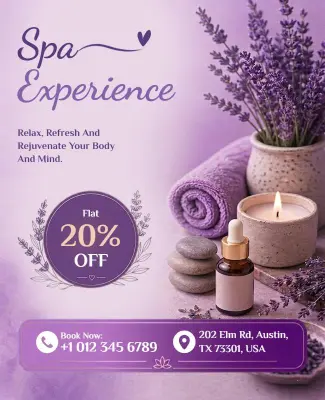 Lavender Aesthetic Relaxation Spa Experience Flyer Template