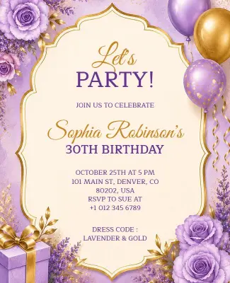 Lavender and Gold Birthday Party Invitation Flyer Template