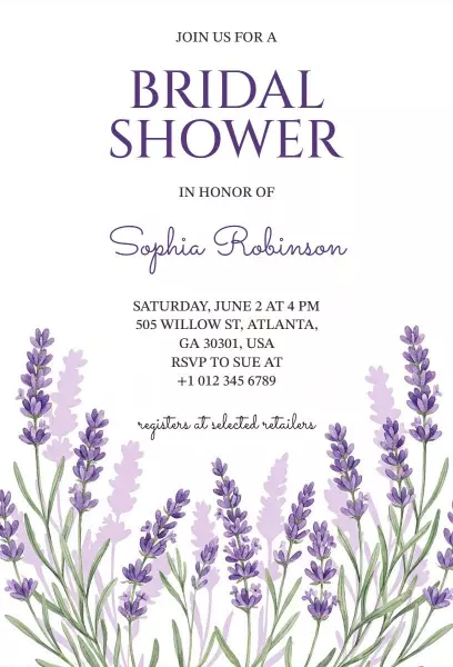 Lavender Floral Elegant Bridal Shower Invitation Template