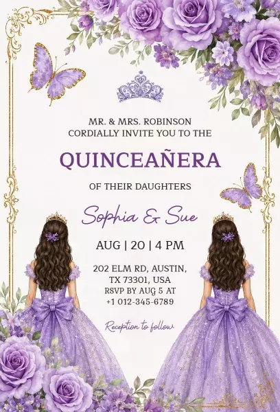 Lavender Floral Twin Quinceanera Celebration Invitation Template