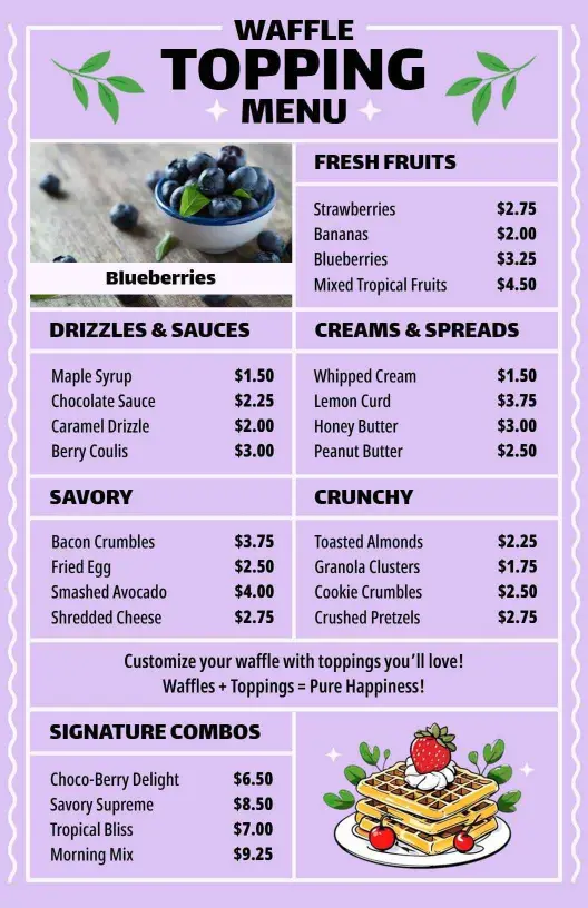 Lavender Gourmet Waffle Topping Options Menu Template