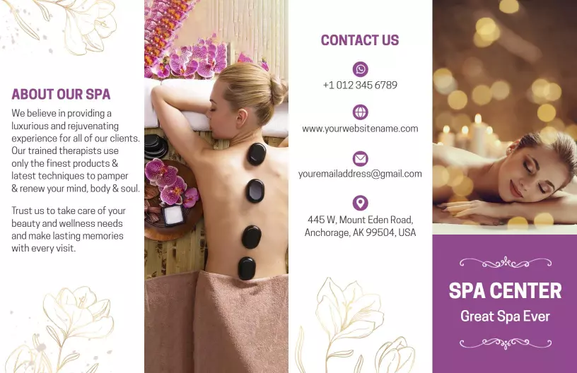 Lavender Relaxation Spa Services and Pampering Brochure Template