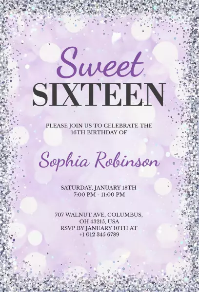 Lavender Sparkle Sweet 16 Birthday Celebration Invitation Template