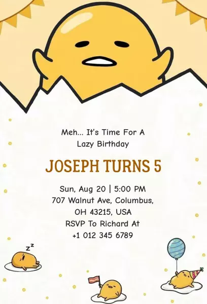 Lazy Gudetama Themed Fun Birthday Celebration Invitation Template