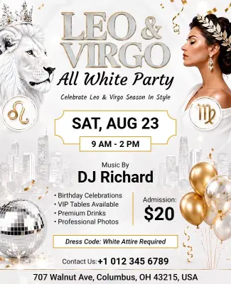Leo and Virgo Zodiac All White Party Flyer Template