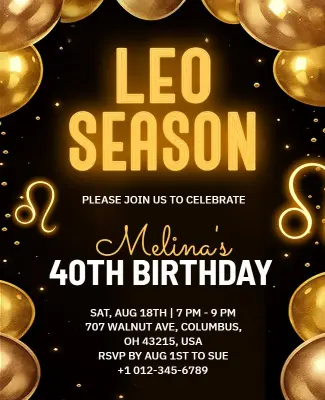 Leo Season 40th Birthday Party Invitation Flyer Template