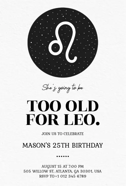 Leo Zodiac Sign 25th Birthday Celebration Invitation Template
