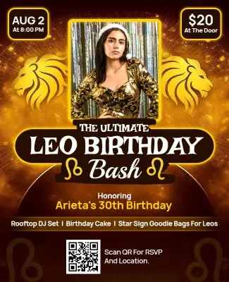Leo Zodiac Sign Birthday Bash Celebration Flyer Template