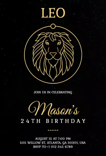Leo Zodiac Themed 24th Birthday Celebration Invitation Template
