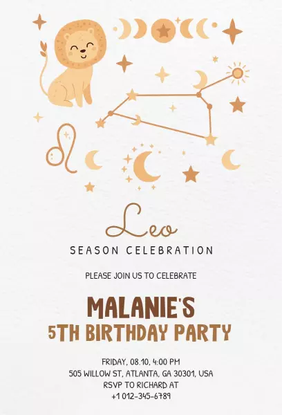 Leo Zodiac Themed 5th Birthday Celebration Invitation Template
