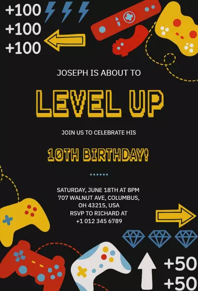 Level Up Gaming Themed 10th Birthday Celebration Invitation Template