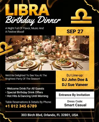 Libra Themed Birthday Dinner Party Flyer Template