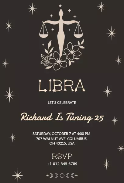Libra Zodiac Sign Astronomy Birthday Celebration Invitation Template