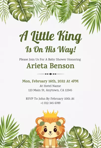 Little King Jungle Theme Baby Shower Celebration Invitation Template