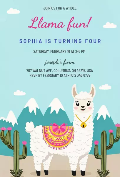 Llama-Themed Colorful Birthday Celebration Invitation Template