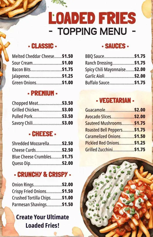 Loaded Fries with Classic Premium Sauces Topping French Fries Menu Template