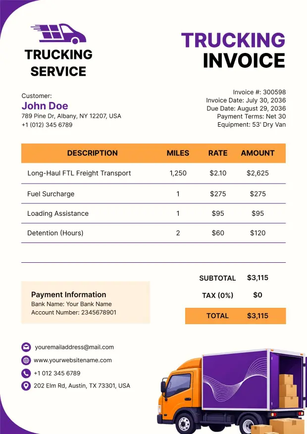 Long-Haul Freight Services with Cost Trucking Invoice Template
