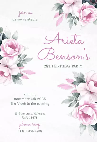 Lovely Floral 28th Birthday Celebration Invitation Template