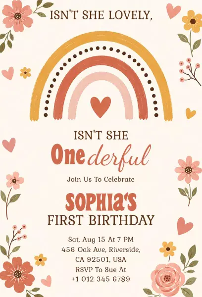 Lovely Rainbow Floral 1st Birthday Celebration Invitation Template