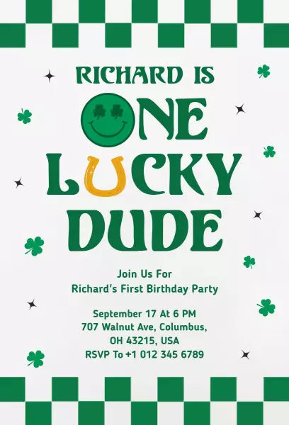 Lucky Green One Year Old Birthday Celebration Invitation Template