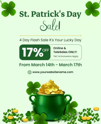 Lucky Green Shamrock St. Patrick's Day Flash Sale Poster Template