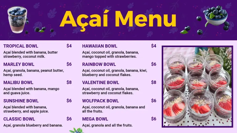 Lush Purple Background Açaí Bowl Variety Menu Template