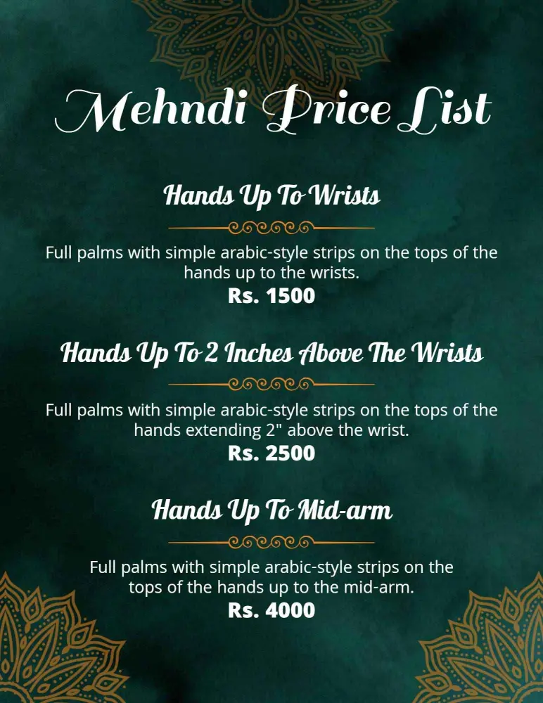 Luxurious Arabic Style Green Mehndi Price List Template
