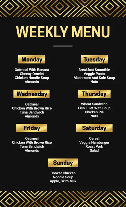 Luxurious Gold Accent on Black Weekly Dining Menu Template