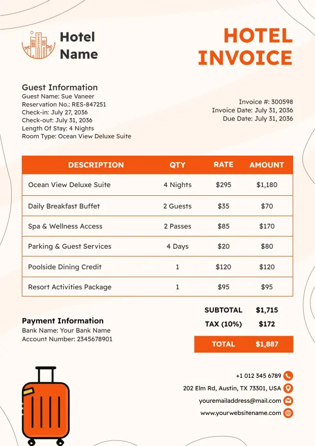 Luxury Hotel Stay Billing with Pricing Invoice Template