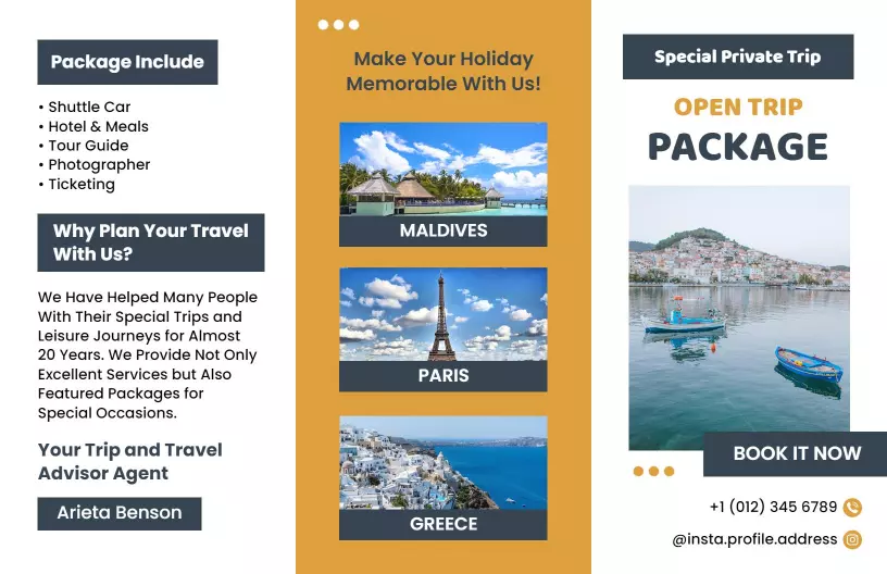 Luxury Open Trip Travel Package to Maldives, Paris, and Greece Brochure Template