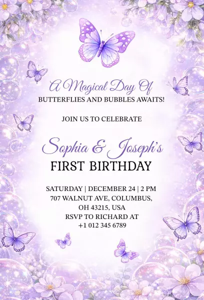 Magical Butterfly Bubbles First Birthday Celebration Invitation Template