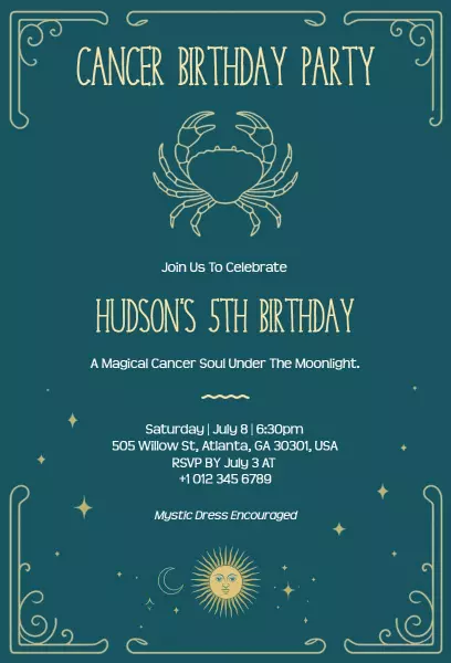 Magical Cancer Zodiac Theme Birthday Celebration Invitation Template