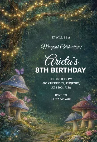 Magical Enchanted Forest 8th Birthday Celebration Invitation Template
