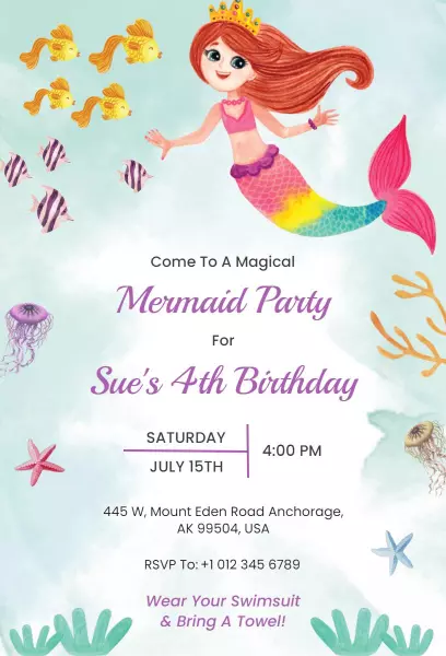 Magical Mermaid Theme 4th Birthday Celebration Invitation Template