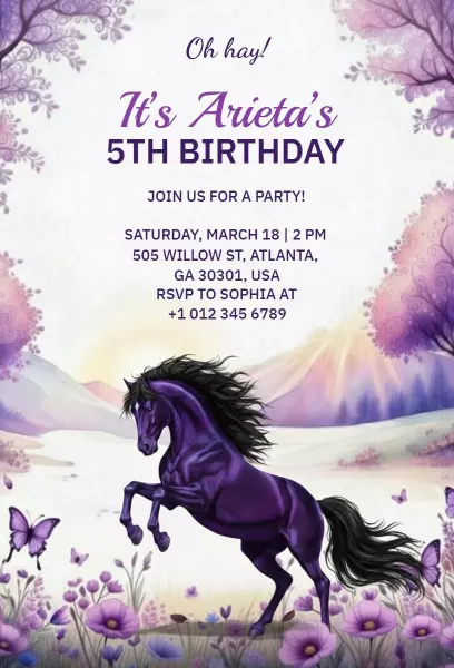Magical Purple Horse Theme Birthday Celebration Invitation Template