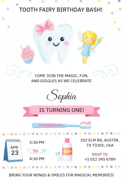 Magical Tooth Fairy 1st Birthday Celebration Invitation Template