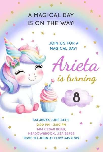 Magical Unicorn 8th Birthday Party Celebration Invitation Template